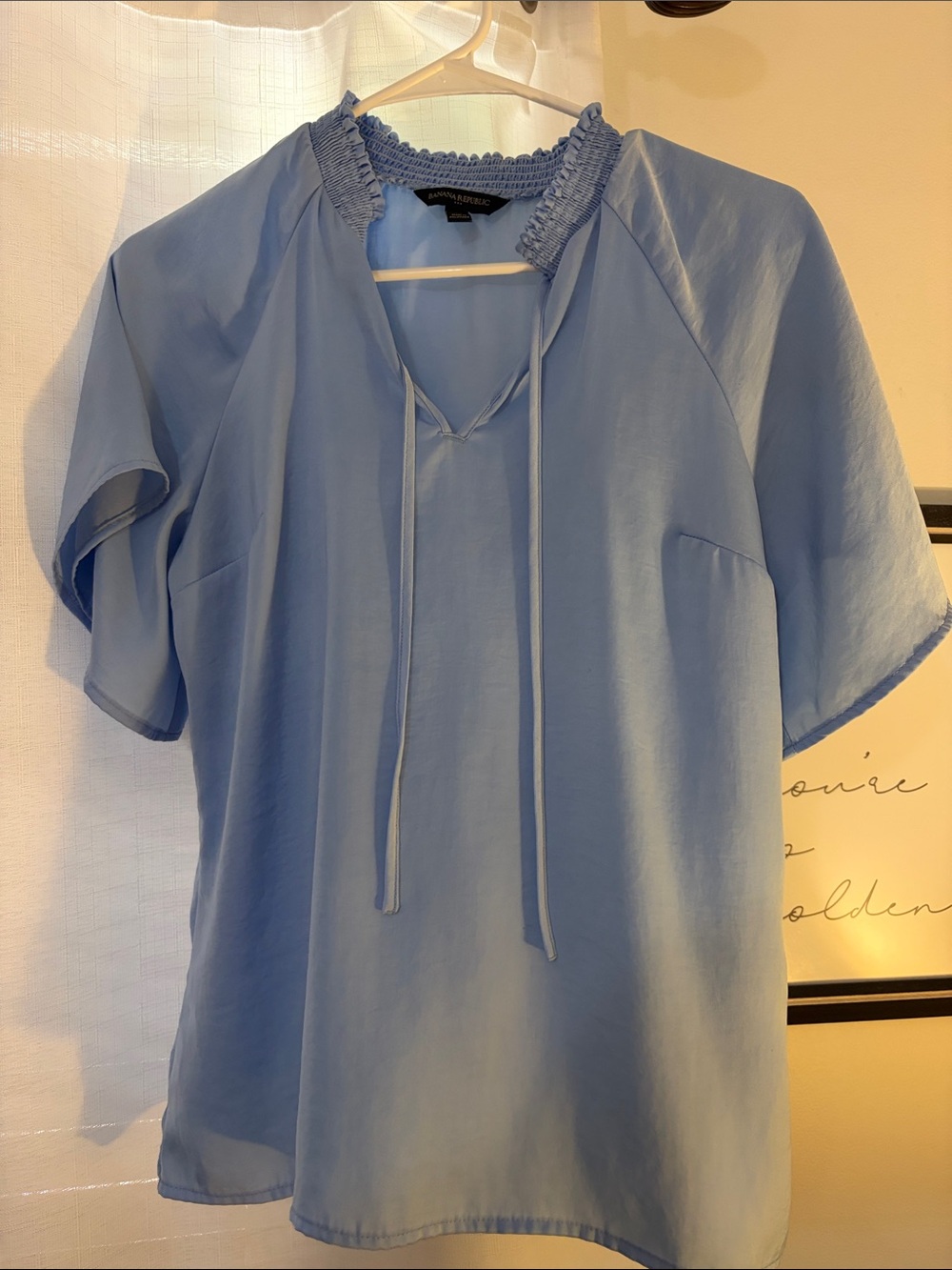 Banana Republic Sky Blue Tie-Neck Smocked Blouse